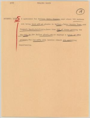 Primary view of object titled '[News Script: Collins radio]'.