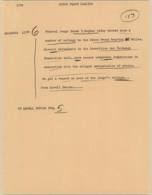 Primary view of object titled '[News Script: Stock fraud hearing]'.
