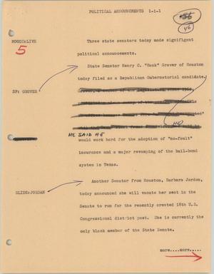 Primary view of object titled '[News Script: Political announcements]'.