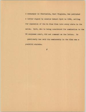 Primary view of object titled '[News Script: Byrd's KKK letter]'.