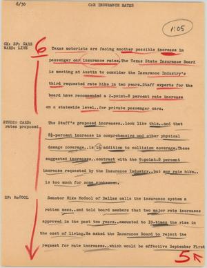 Primary view of object titled '[News Script: Car insurance rates]'.