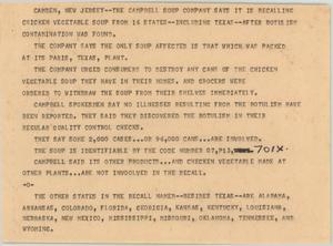 Primary view of object titled '[News Script: Cambell's soup contaminated]'.