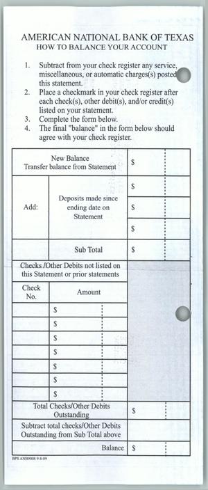 Primary view of object titled 'American National Bank of Texas, How to Balance Your Account'.