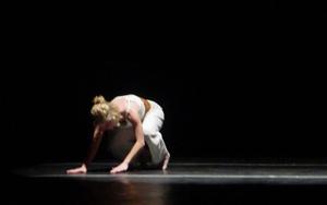 Primary view of object titled '[Female dancer hits stage with her hands, 2003 World Dance Alliance General Assembly]'.