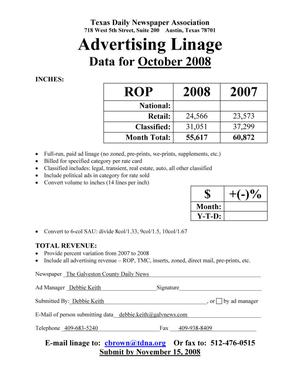 Primary view of object titled '[TDNA Advertising Linage Report for The Galveston County Daily News, October 2008]'.