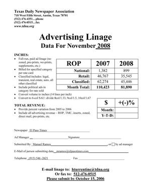 Primary view of object titled '[TDNA Advertising Linage Report for the El Paso Times, November 2008]'.
