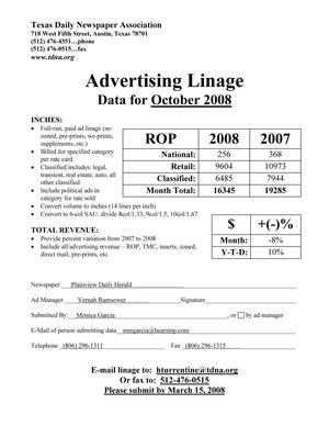 Primary view of object titled '[TDNA Advertising Linage Report for the Plainview Daily Herald, October 2008]'.