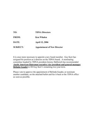 Primary view of object titled '[Letter from Ken Whalen to the TDNA Directors, April 12, 2006'.