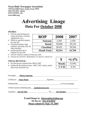 Primary view of object titled '[TDNA Advertising Linage Report for the Odessa American, October 2008]'.