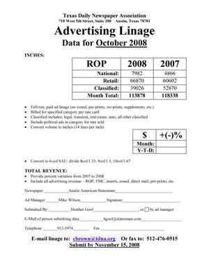 Primary view of object titled '[TDNA Advertising Linage Report for the Austin American-Statesman, October 2008]'.