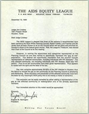 Primary view of object titled '[Letter from Eugene M. Harrington to Judge Jon Lindsey, December 13, 1990]'.