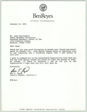 Primary view of object titled '[Letter from Ben T. Reyes to Gene Harrington, January 10, 1991]'.