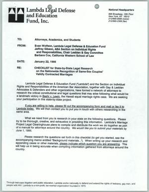 Primary view of object titled '[Memo from Evan Wolfson, Jeffrey Gibson, and Barbara Cox to Attorneys, Academics, and Students]'.