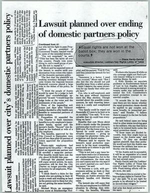 Primary view of object titled '[Clipping: Lawsuit planned over ending of domestic partners policy]'.