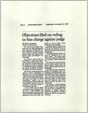 Primary view of object titled '[Clipping: Objections filed on ruling in bias charge against judge]'.