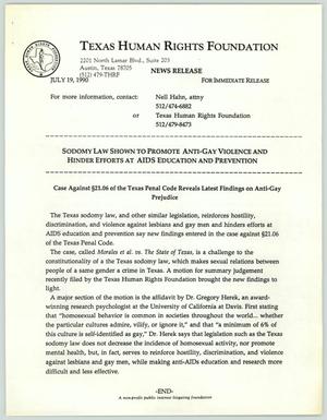 Primary view of object titled '[News Release: Sodomy Law Shown to Promote Anti-Gay Violence and Hinder Efforts at AIDS Education and Prevention]'.