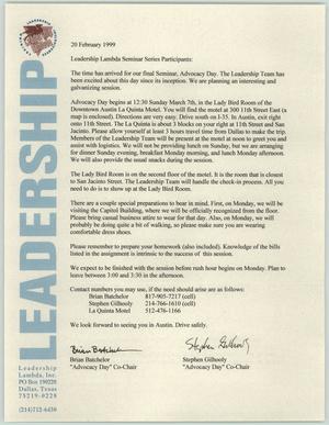 Primary view of object titled '[Letter about Leadership Lambda Seminar, February 20 1999]'.