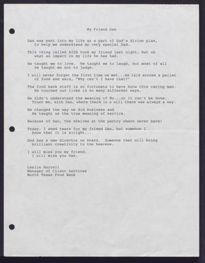 Primary view of object titled '[Document titled My Friend Dan by Leslie Harrell]'.