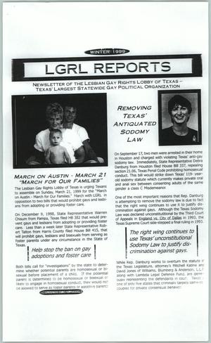 Primary view of object titled '[Clipping: LGRL Reports - the Winter 1999 Newsletter of the Lesbian Gay Rights Lobby of Texas]'.