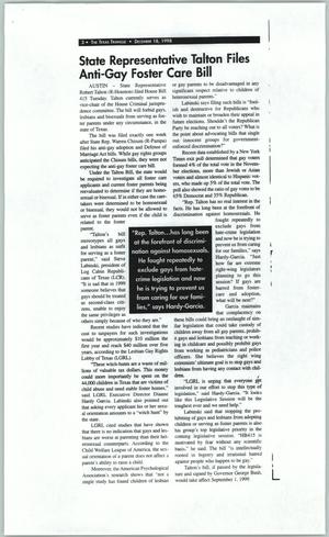 Primary view of object titled '[Clipping: Texas Triangle magazine article "State Representative Talton Files Anti-Gay Foster Care Bill"]'.