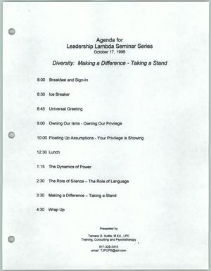 Primary view of object titled '[Agenda for Leadership Lambda Seminar Series, October 17, 1998]'.