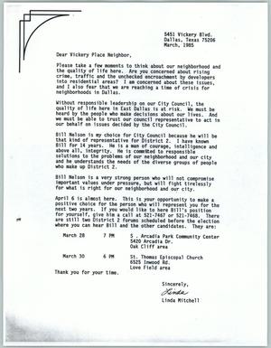 Primary view of object titled '[Letter from Linda Mitchell to Vickery Place Neighbor - March 1985]'.
