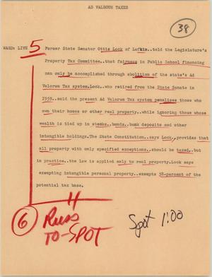 Primary view of object titled '[News Script: Ad Valroum taxes]'.