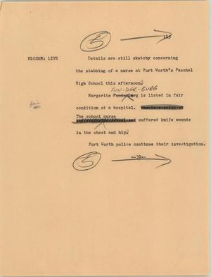 Primary view of object titled '[News Script: Nurse stabbed]'.