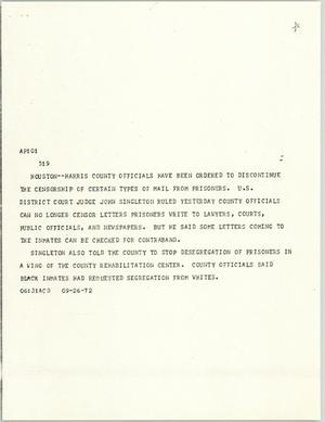 Primary view of object titled '[News Script: Judge Singleton prison rulings]'.