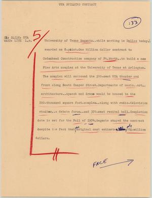 Primary view of object titled '[News Script: UTA building contract]'.