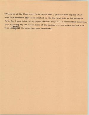 Primary view of object titled '[News Script: People injured at six flags]'.