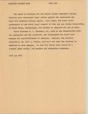Primary view of object titled '[News Script: Richland College suit]'.