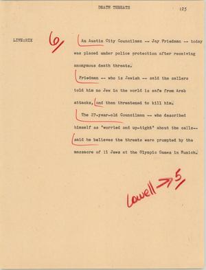 Primary view of object titled '[News Script: Death threats]'.