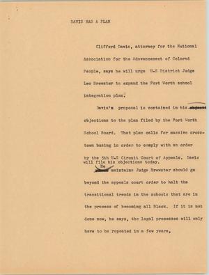 Primary view of object titled '[News Script: Davis has a plan]'.