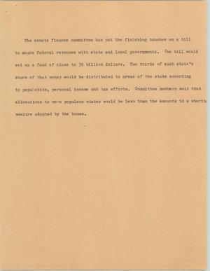 Primary view of object titled '[News Script: Senate finance]'.