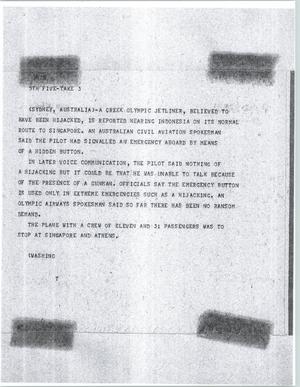 Primary view of object titled '[News Script: Jetliner hijacking]'.