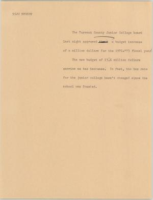 Primary view of object titled '[News Script: TCJC budget]'.