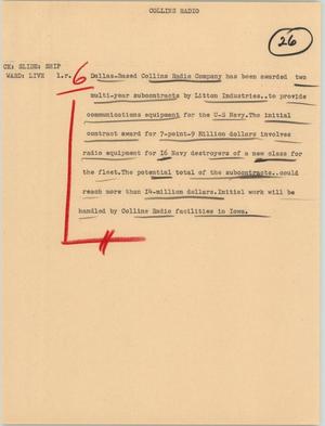 Primary view of object titled '[News Script: Collins radio]'.