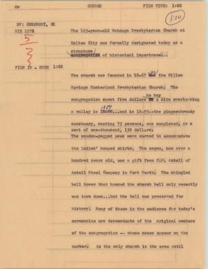 Primary view of object titled '[News Script: Church]'.