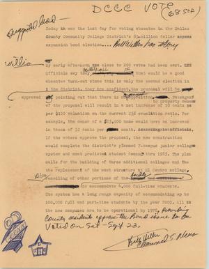 Primary view of object titled '[News Script: Dallas County Community College vote]'.