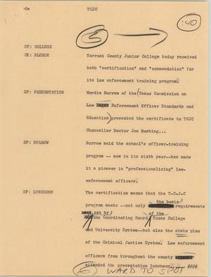 Primary view of object titled '[News Script: Tarrant County Junior College]'.