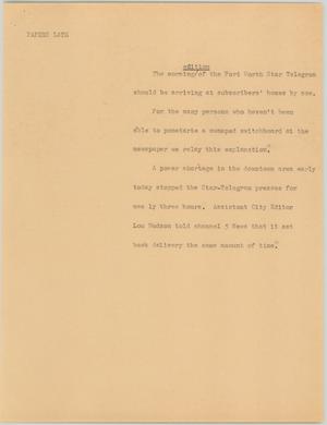 Primary view of object titled '[News Script: Papers late]'.