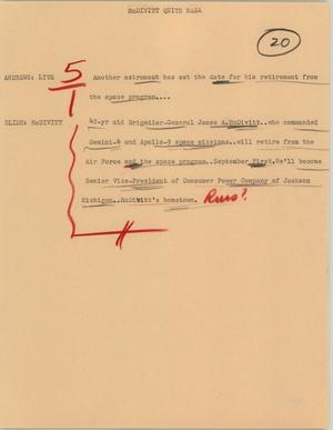 Primary view of object titled '[News Script: McDivitt quits NASA]'.