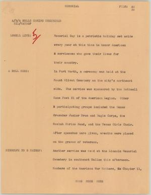 Primary view of object titled '[News Script: Memorial]'.