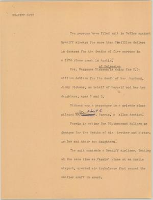 Primary view of object titled '[News Script: Braniff suit]'.