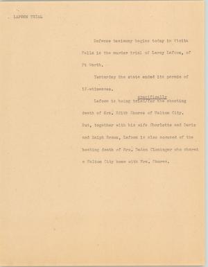 Primary view of object titled '[News Script: Lafoon trial]'.