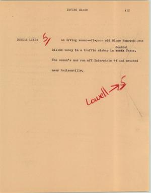 Primary view of object titled '[News Script: Irving crash]'.