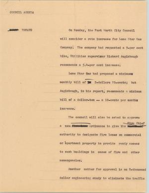 Primary view of object titled '[News Script: Council agenda]'.