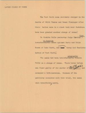 Primary view of object titled '[News Script: Lafoon change of venue]'.