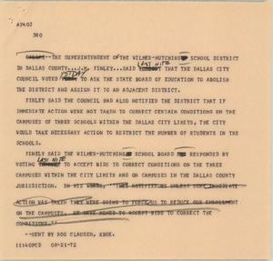 Primary view of object titled '[News Script: Wilmer-Hutchins school district]'.